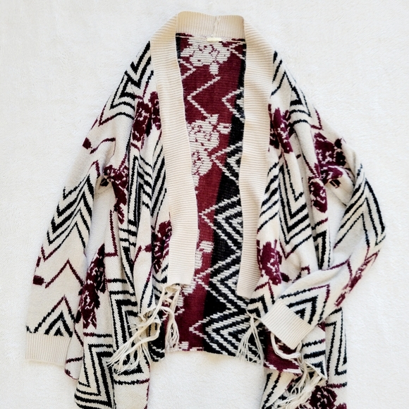 Sweaters - Fringe Cape Sweater Beige Open Asym Hem Cardigan Burgundy Floral Black Chevron S